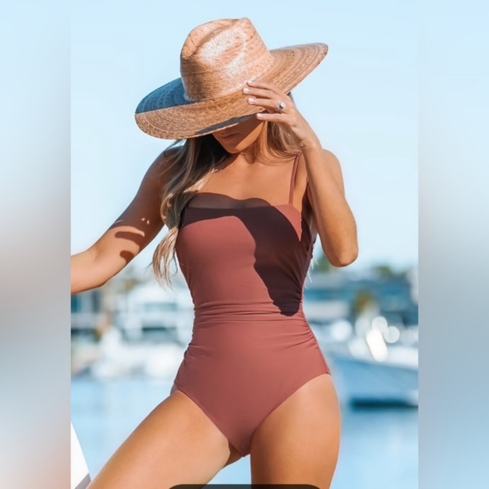 Cupshe Sandy Shirred Strappy Cutout Long Torso One Piece Swimsuit, Brick, Medium